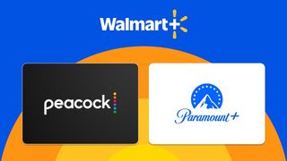 Key art for Walmart Plus's new streaming deal, showing the logos for Walmart Plus, Peacock and Paramount Plus