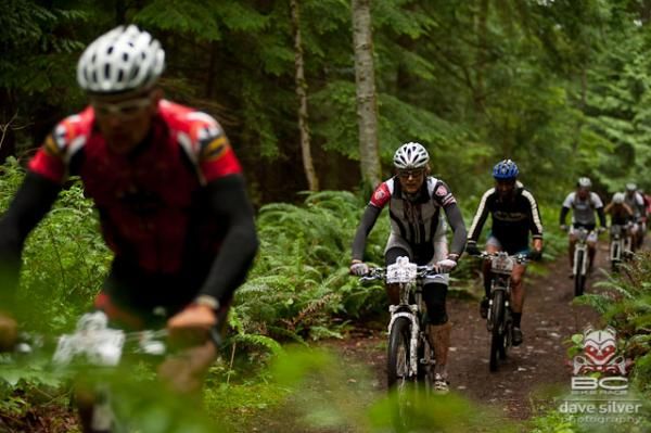 Racers all lined up during stage 5 at the BC Bike Race