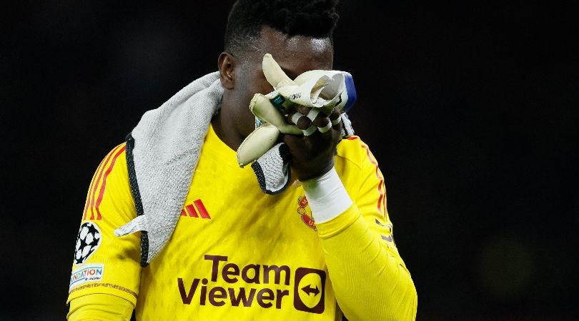 Manchester United goalkeeper Andre Onana reacts during the Red Devils&#039; defeat at home to Bayern Munich in December 2023.