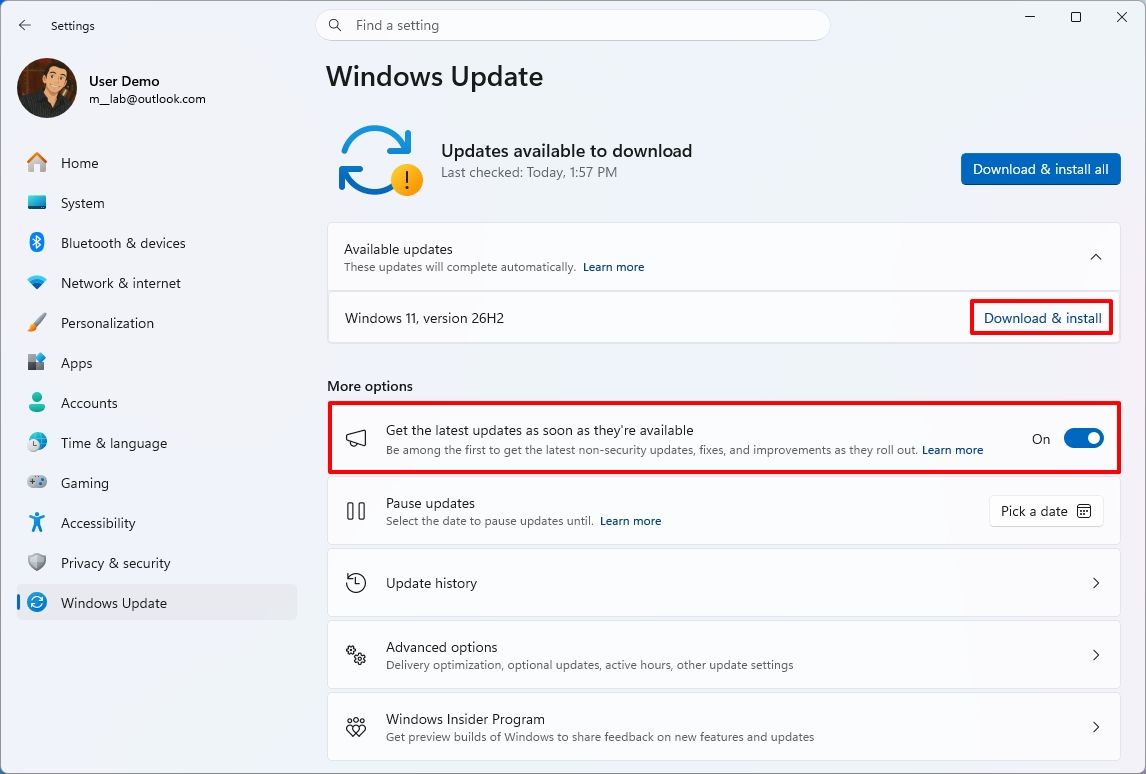 Windows 11 Settings showing the Windows Update settings with version 26H2.