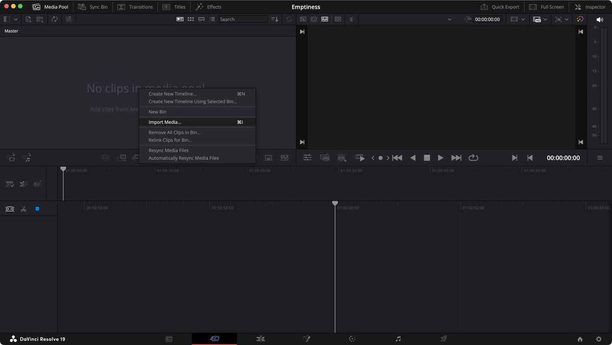 Screenshot of DaVinci Resolve 19 interface for the purposes of a beginner's guide.
