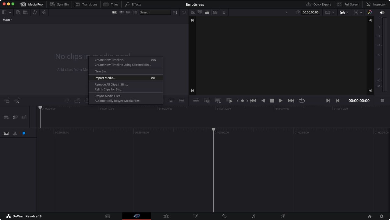 Screenshot of DaVinci Resolve 19 interface for the purposes of a beginner's guide.