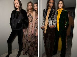 2 individual backstage images with 2 women in each of them wearing outfits from the Emilio Pucci A/W 2014 Collection