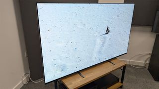 Sony Bravia 8 65-inch OLED TV slight angle on TV bench showing bird in snow