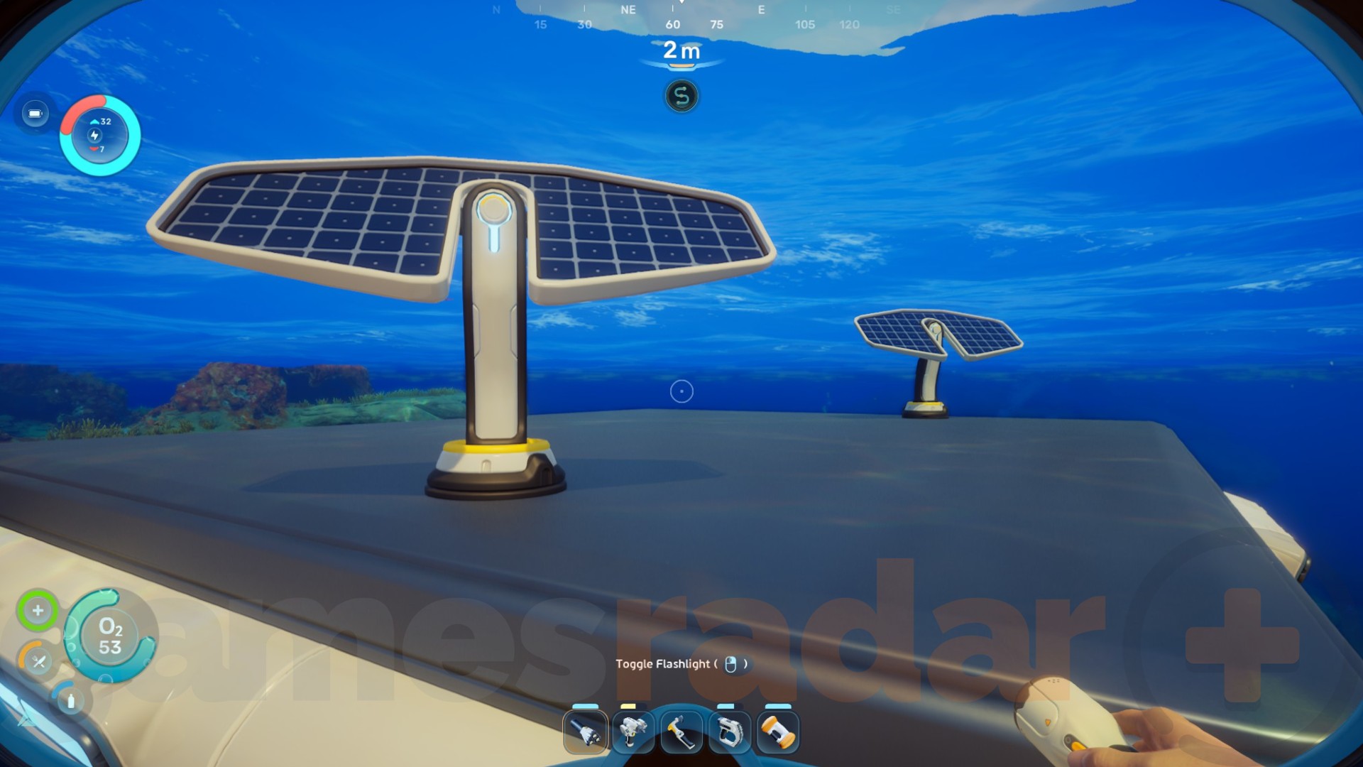 Two solar panels on top of a base power a Subnautica 2 fabricator