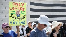 People attend a "Defend the Vote" rally near the Lincoln Memorial in Washington, D.C.