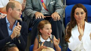 Prince Edward, Earl of Wessex, Prince William, Duke of Cambridge, Princess Charlotte and Catherine, Duchess of Cambridge watch the action on day five of the Birmingham 2022 Commonwealth Games at Sandwell Aquatics Centre on August 02, 2022 in Smethwick, England.