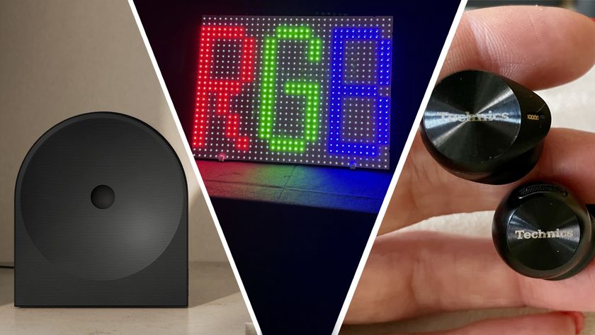 An image showing the Samsung Music Studio 5 speaker, an RGB backlight demonstration, and a pair of Technics earbuds