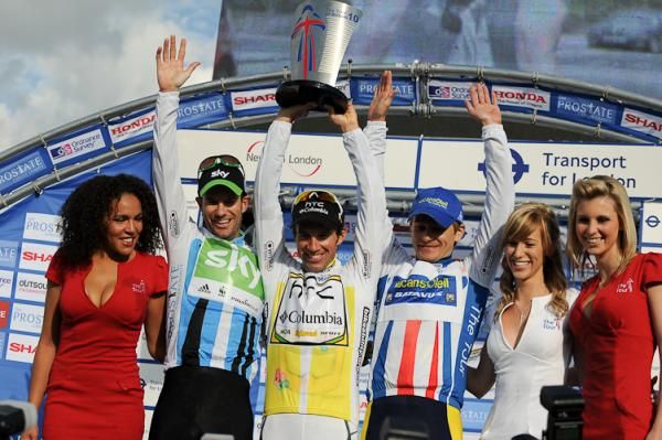 The final Tour of Britain podium, with Henderson, Albasini and Hoogerland enjoying their time in the sun.
