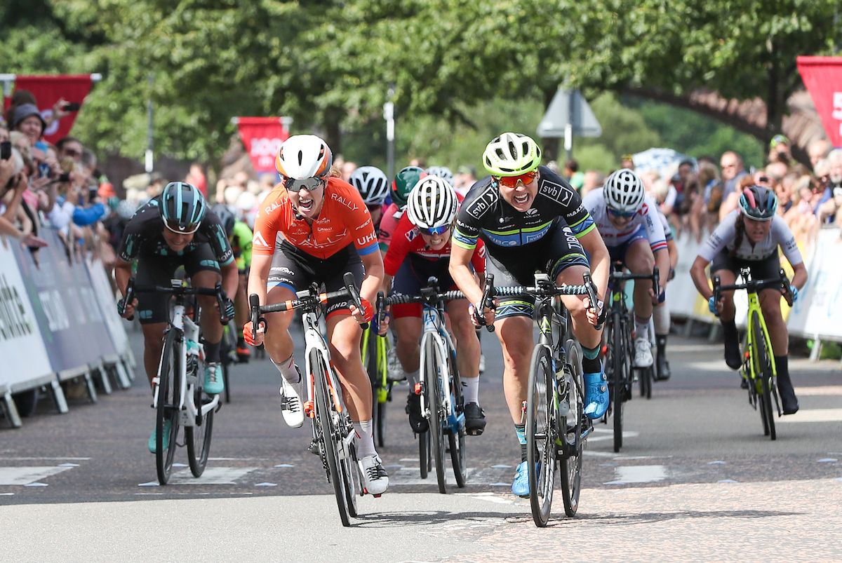 Emma White of RALLY UHC cycling team and Alison Jackson of TIBCO-Silicon Valley Bank cycling team who won stage 2.