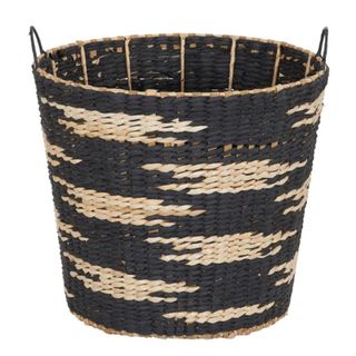 A black and beige wicker basket