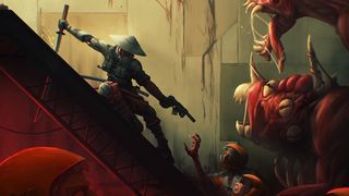 Katanaut box art of warrior holding katana and aiming a pistol at red monsters