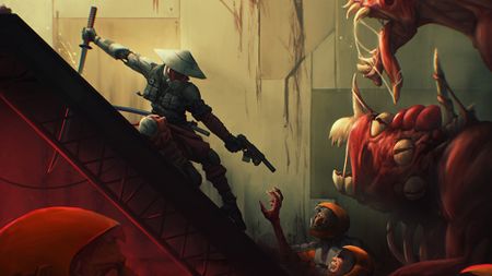 Katanaut box art of warrior holding katana and aiming a pistol at red monsters