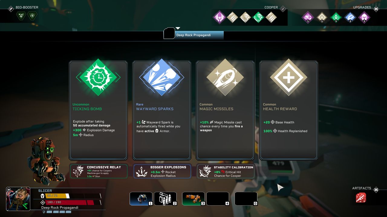 Deep Rock Galactic Rogue Core: A screenshot of four upgrades the player can pick between.