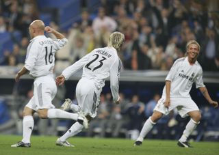 David Beckham celebrates after scoring for Real Madrid against Rosenborg in the Champions League in 2005.