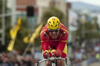Spain's Luis Leon Sanchez powers to the line in Geelong to finish in seventh place.