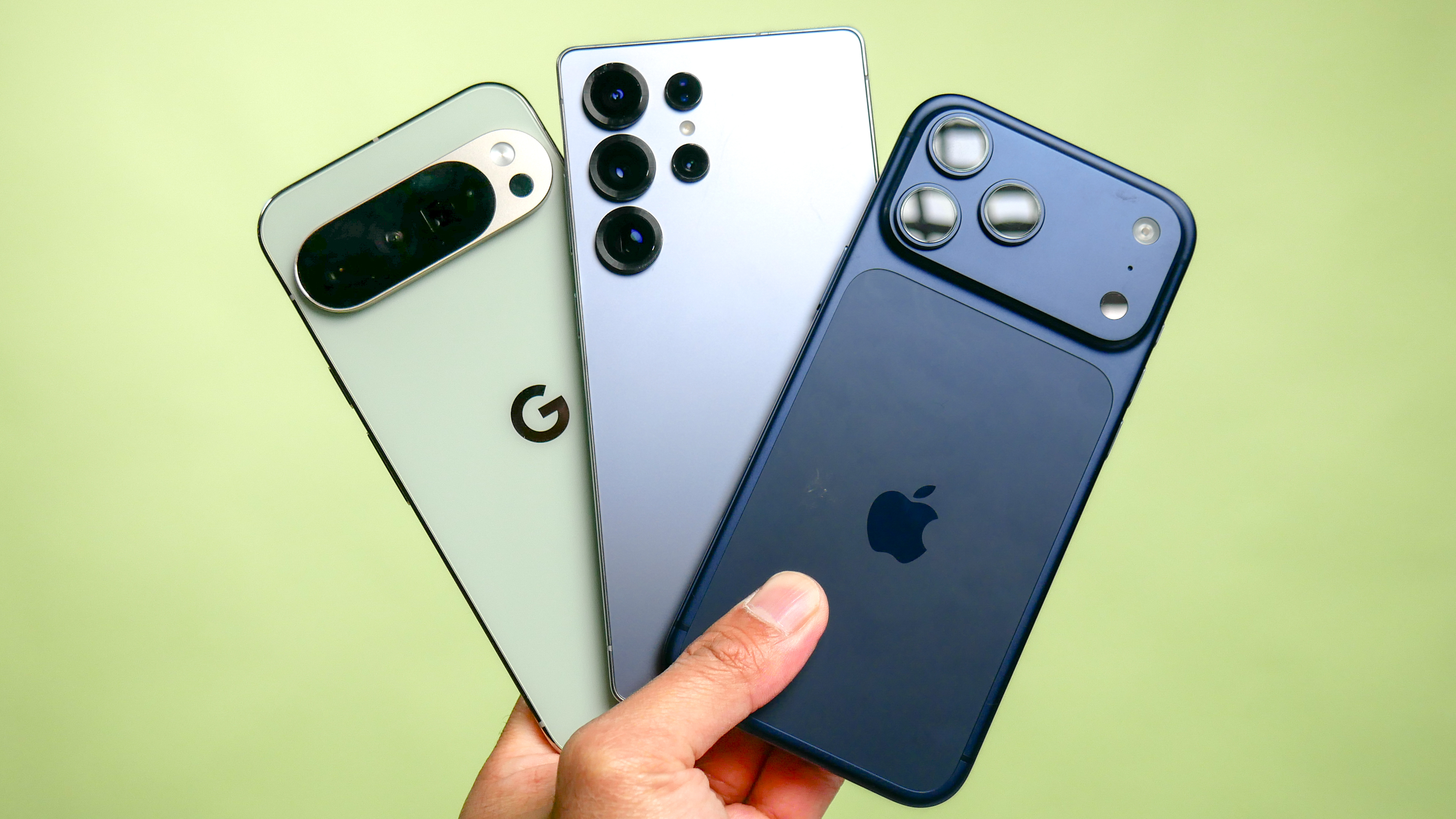 Back of iPhone 17 Pro Max, Galaxy S25 Ultra and Pixel 10 Pro XL