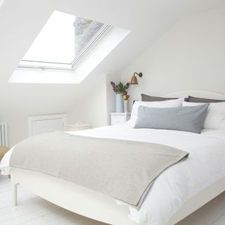 Neutral bedroom with sloping ceiling and roof window