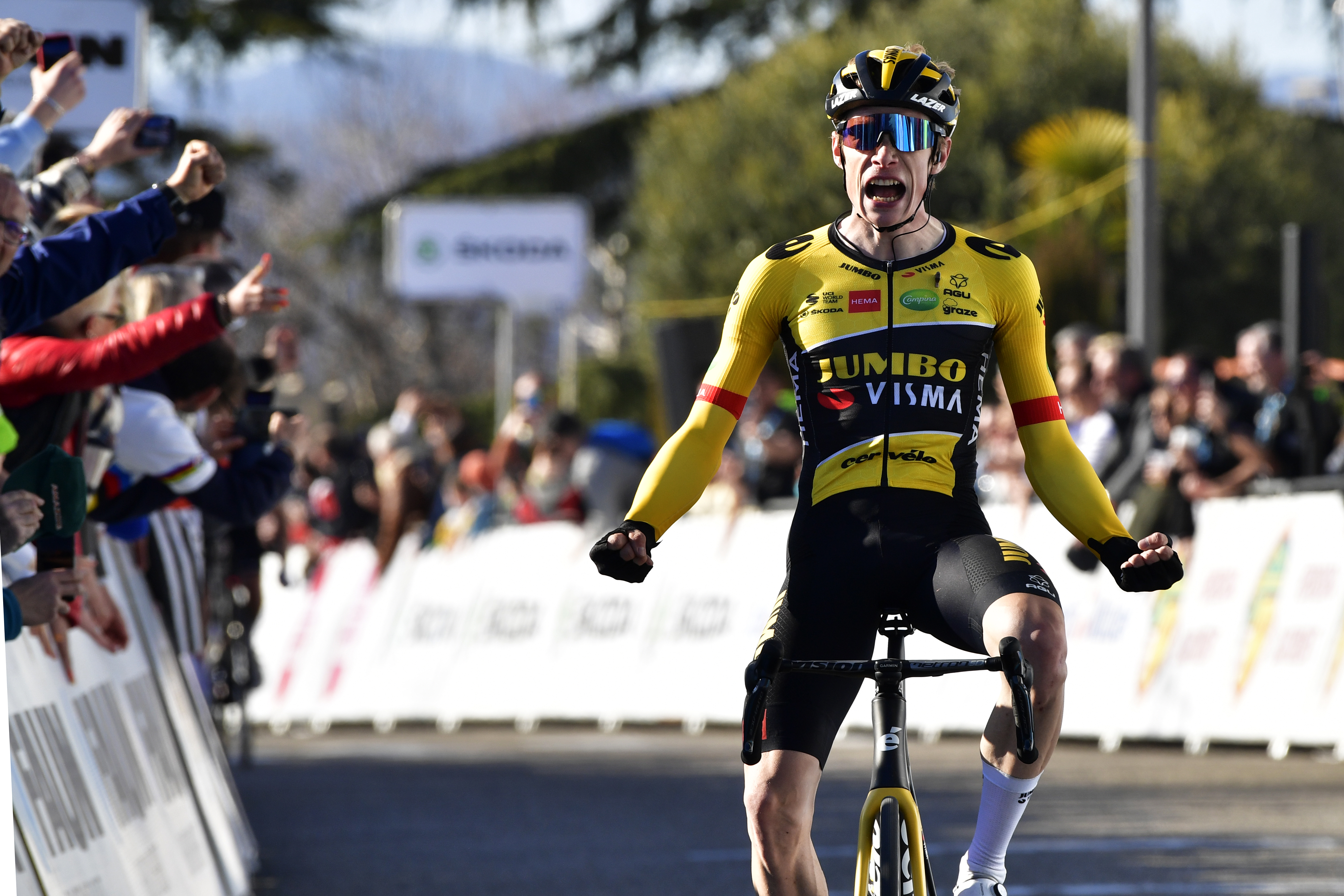 &amp;Eacute;TOILE-SUR-RH&amp;Ocirc;NE, FRANCE - FEBRUARY 27: Jonas Vingegaard Rasmussen of Denmark and Team Jumbo - Visma celebrates at finish line as race winner during the 10th La Drome Classic 2022 a 191,5km race from &amp;Eacute;toile-sur-Rh&amp;ocirc;ne to &amp;Eacute;toile-sur-Rh&amp;ocirc;ne 174m / #BDA22 / on February 27, 2022 in &amp;Eacute;toile-sur-Rh&amp;ocirc;ne, France. (Photo by Bruno Bade/Getty Images)