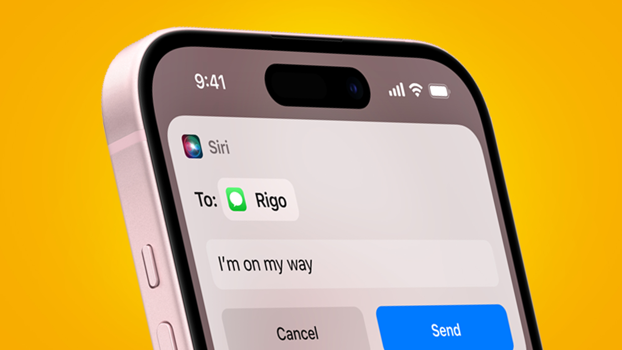 An iPhone on an orange background showing Siri