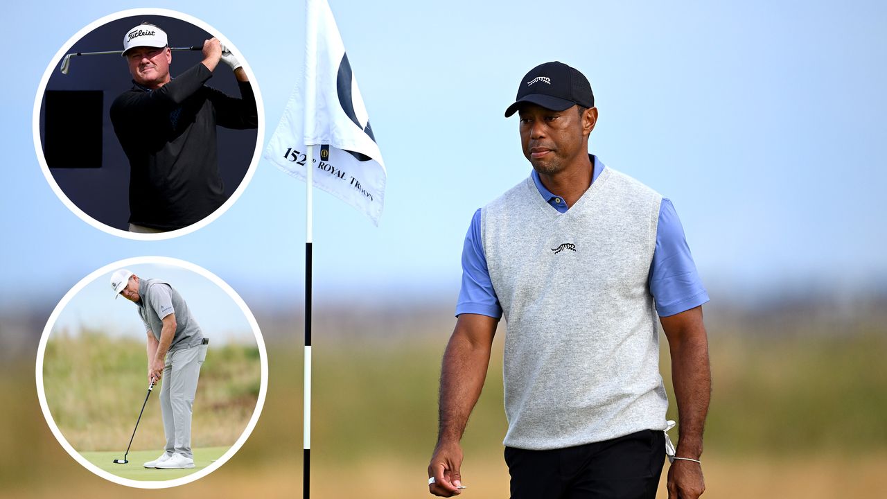 Tiger Woods on the green at Royal Troon for the 2024 Open Championship, with inset images of Justin Leonard and Todd Hamilton