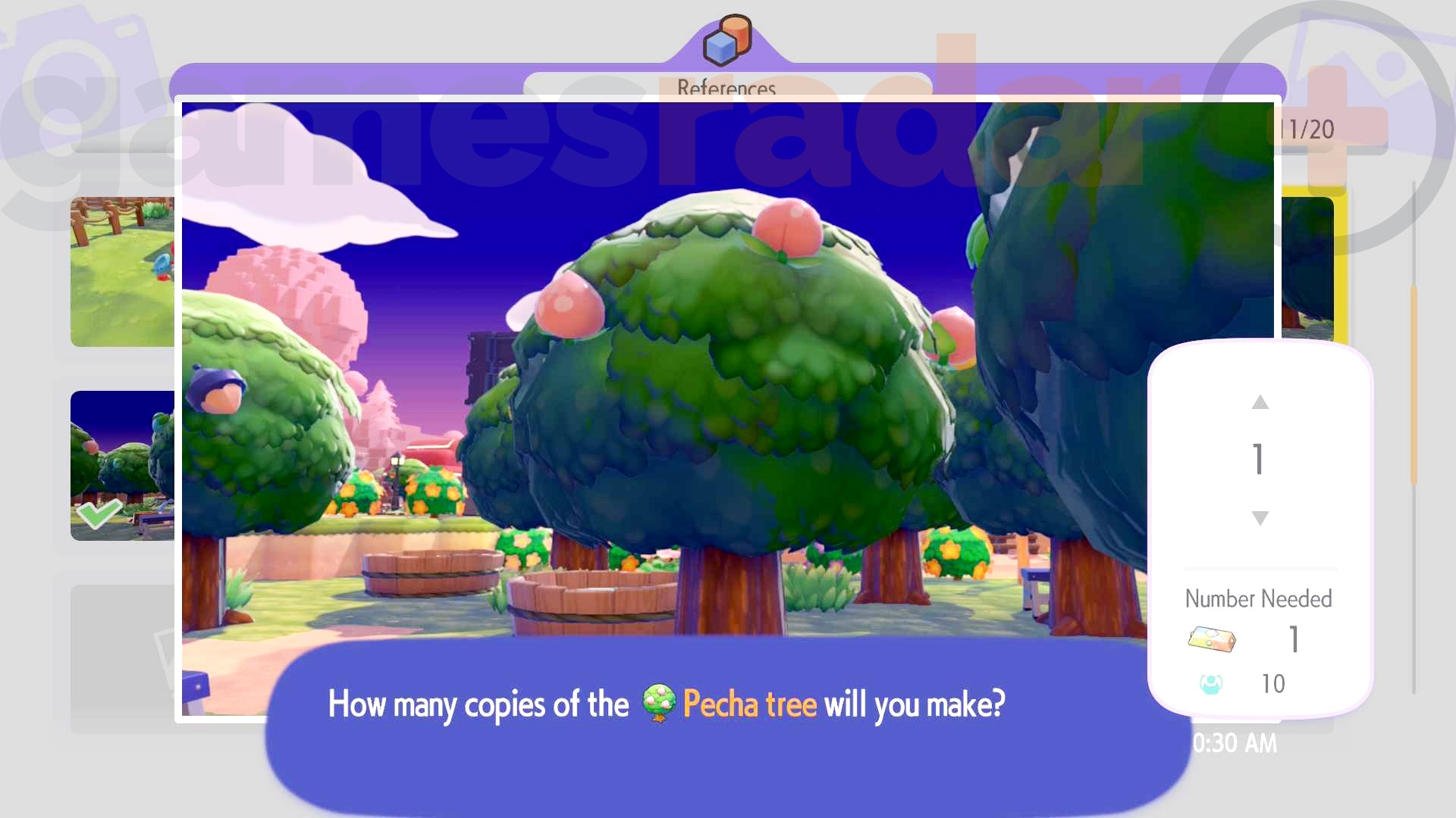 The 3D printing screen in Pokopia where you can duplicate berry trees for making paint.