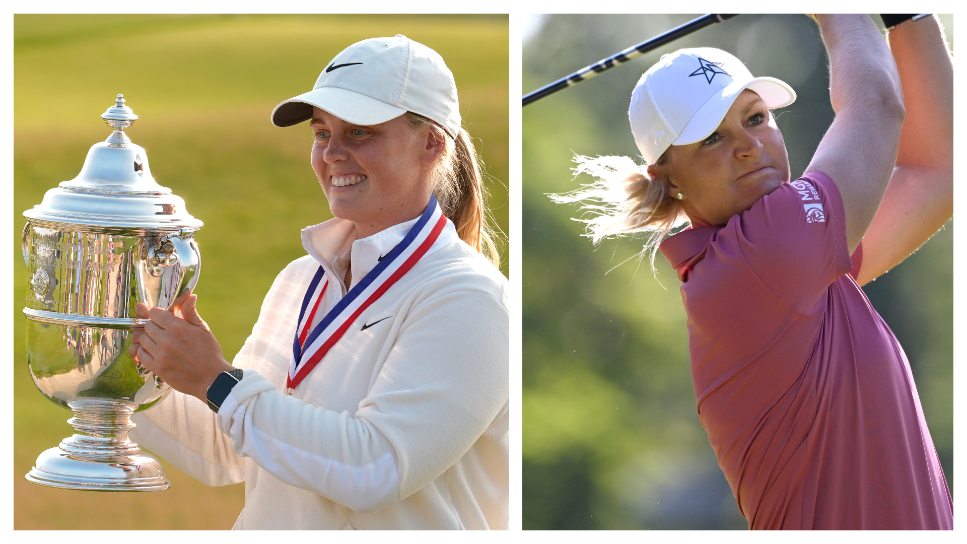 Maja Stark holding the 2025 US Women&#039;s open trophy and Anna Nordqvist holding the pose after a shot