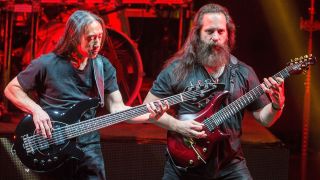 John Myung (L) and John Petrucci of Dream Theater perform on stage at Pechanga Casino on November 18, 2016 in Temecula, California.