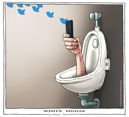 Political cartoon U.S. Trump tweets White House chaos