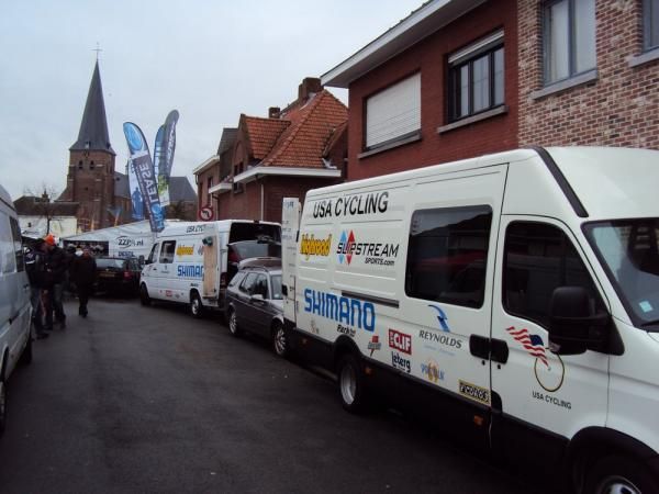 It was a pretty tight squeeze for our USA Cycling cars in the parking alley.