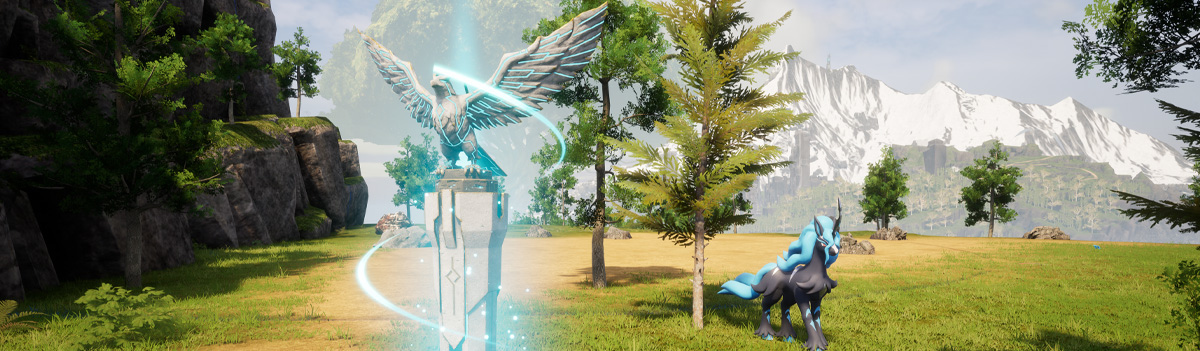One of the Great Eagle Statues in Palworld, they glow blue like this after interacting with them. There's a horse-like Pal standing in the background.
