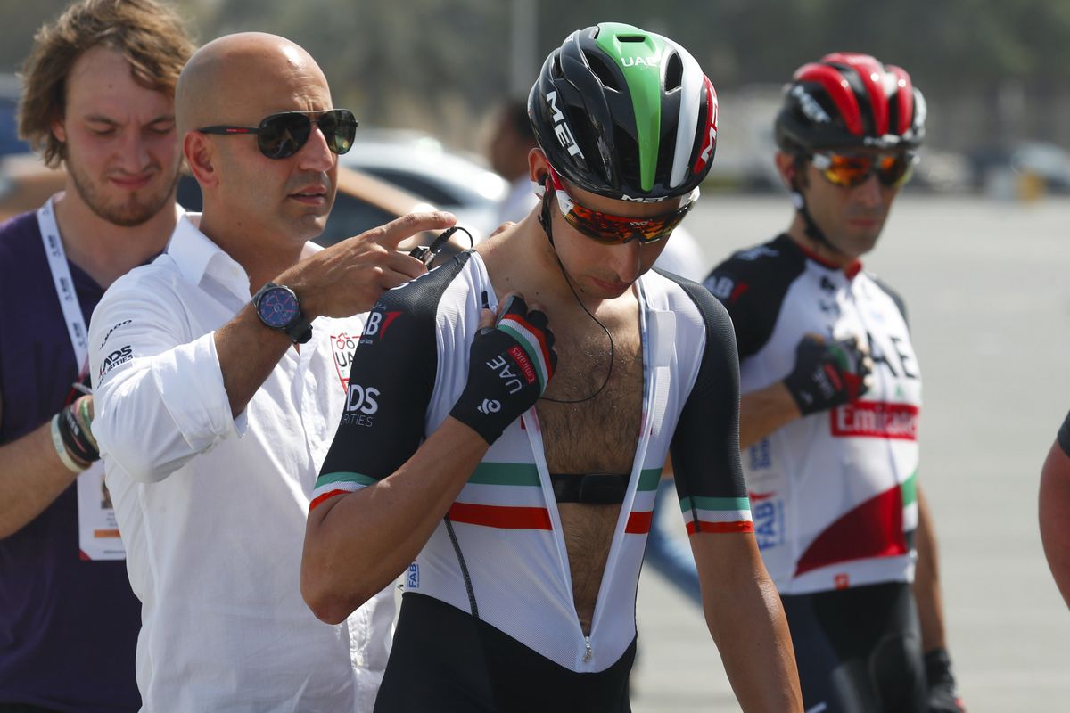 Fabio Aru sorts out his radio before the start