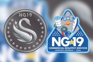 NASA and Northrop Grumman mission patches for the "S.S. Laurel Clark" NG-19 Cygnus cargo spacecraft.