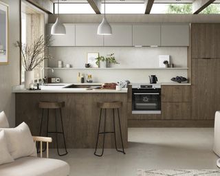 Scandi-inspired kitchen design with Smooth, fluted oak-effect and fluted glass slab doors Features floating worktops, a ribbed plinth and rounded end panels