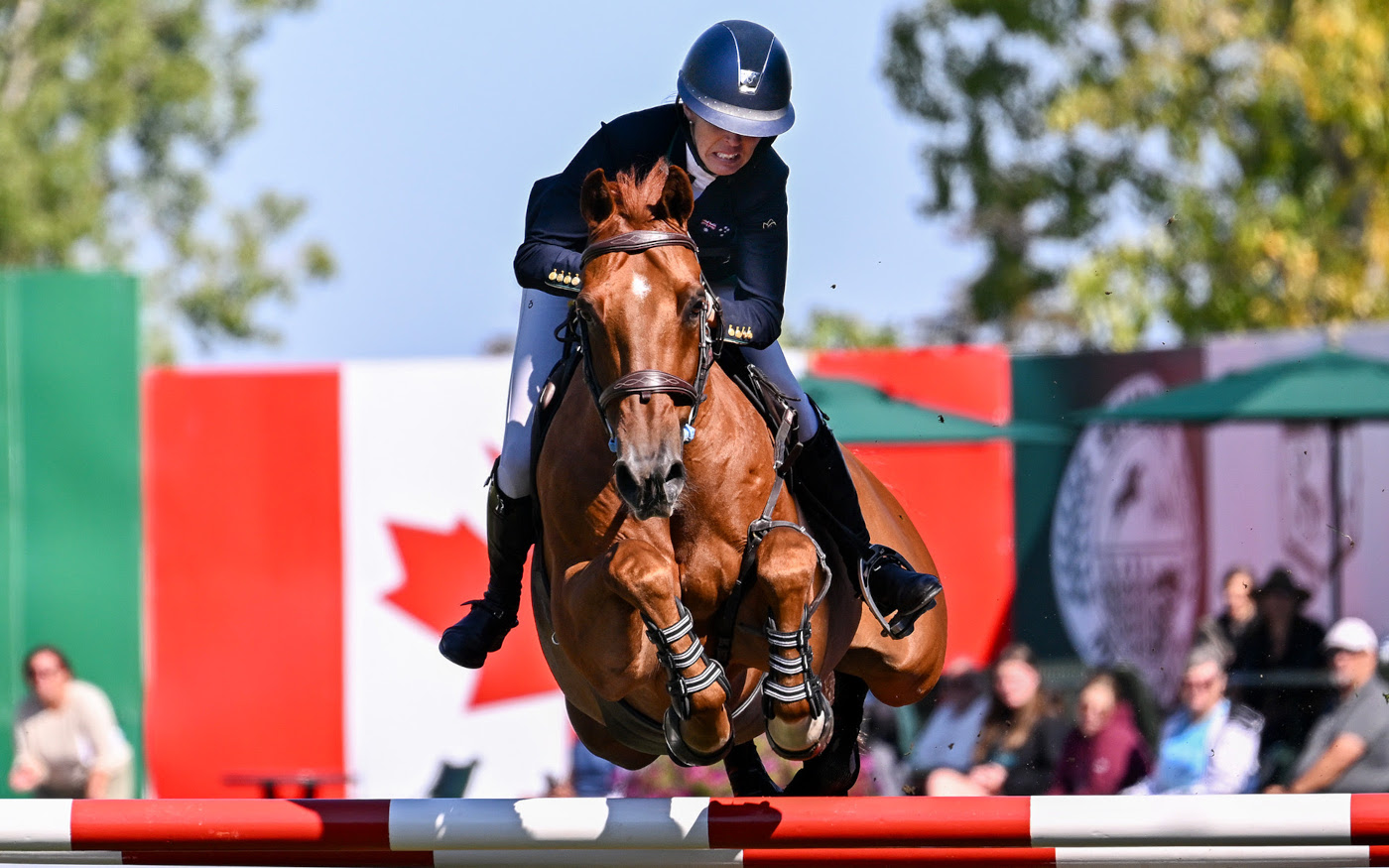 Olympic showjumper Katie Laurie, pictured with Cera Caruso, completed the Suncor Winning Round at the Spruce Meadows Masters with just one stirrup