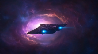 A sleek, metallic spaceship with glowing blue engines flying through a swirling purple nebula, with stars in the background. The light from the engines reflects off the ship’s hull, casting a faint glow on the surrounding space.