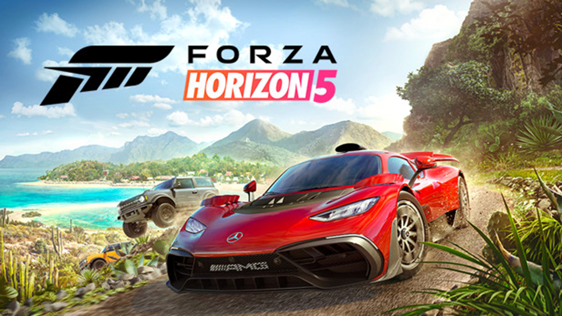Forza Horizon 5 punainen auto ajamassa kilpaa jeepiä vastaan rantamaisemassa