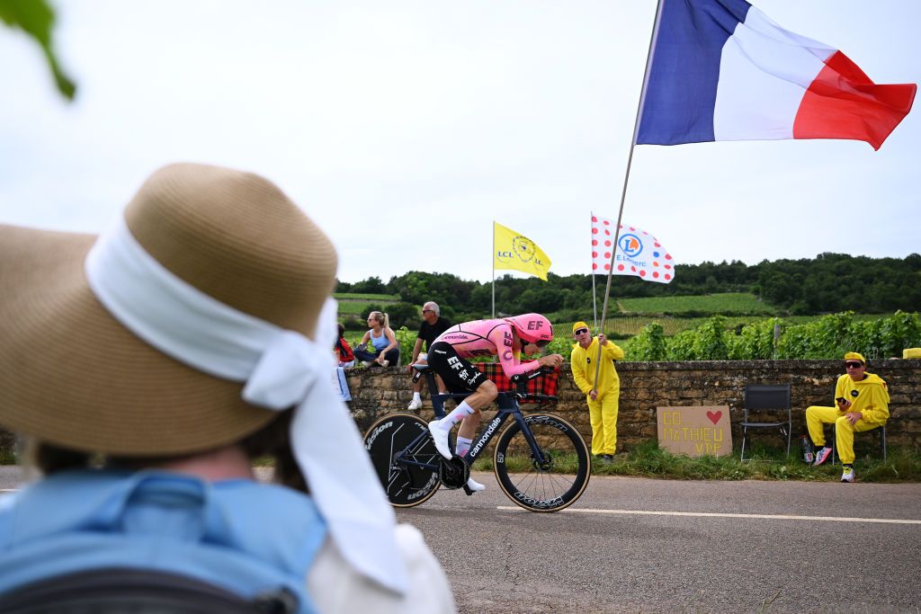 GEVREYCHAMBERTIN FRANCE JULY 05 Neilson Powless of of The United States and Team EF Education EasyPost sprints while fans cheer during the 111th Tour de France 2024 Stage 7 a 253km individual time trial stage from NuitsSaintGeorges to GevreyChambertin UCIWT on July 05 2024 in GevreyChambertin France Photo by Dario BelingheriGetty Images