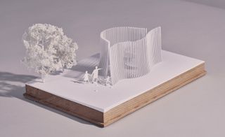 architectural model of a Serpentine Pavilion design by Asif Khan with curved walls