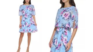 blue floral petite dress with overlay cape
