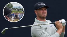 Wyndham Clark watches his approach shot, with a close up of his shot