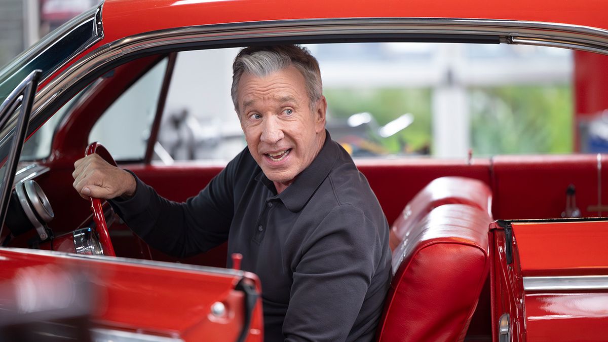 Tim Allen in red hot rod in Season 1 of Shifting Gears.