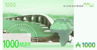 ’Afro-Euro’ by Bjarke Ingels Group. The front of a post card which looks like money with 1000 Afro on it and a drawing of a bridge.