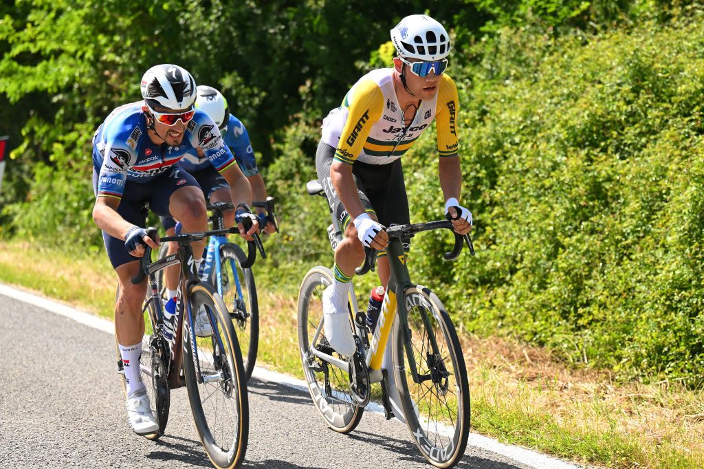 RAPOLANO TERME ITALY MAY 09 LR Julian Alaphilippe of France and Team Soudal QuickStep and Luke Plapp of Australia and Team Jayco AlUla compete in the breakaway during the 107th Giro dItalia 2024 Stage 6 a 180km stage from Viareggio to Rapolano terme 322m UCIWT on May 09 2024 in Rapolano terme Italy Photo by Tim de WaeleGetty Images