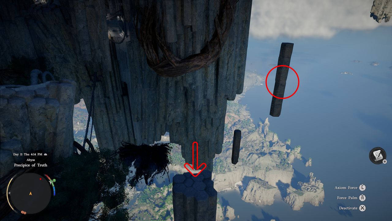 Crimson Desert Precipice of Truth: Kliff gliding over floating rock pillars, with an arrow pointing to where you should land and a circular showing the location of the laser turret.