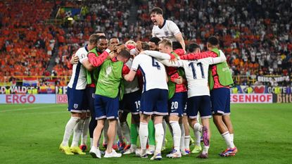 England celebrate Ollie Watkins' match-winning goal in the final moments of their semi-final against the Netherlands