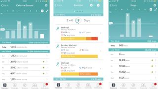 Fitbit-appens huvudsakliga dashboard presenterar all data som har samlats för varje dag, från vatten- och matintag till antalet steg som har tagits