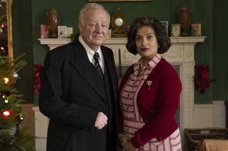 Mina Anwar and Les Dennis as Robbie and Samira Rowbotham in Sister Boniface Mysteries.