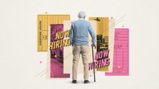 Illustration of an elderly man, time cards and different professions