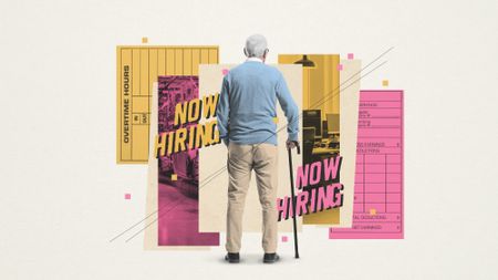 Illustration of an elderly man, time cards and different professions